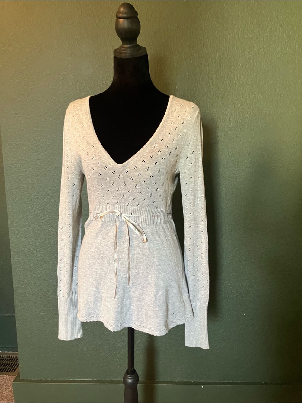 American Eagle Outfitters Cream V-Neck Waist-Tie Knit Tunic babydoll vintage